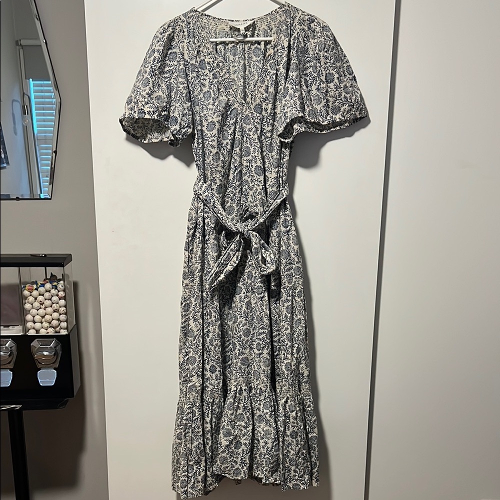 THE GREAT. Blue and White Floral Midi Dress